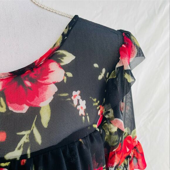 Sunday in Brooklyn Fabiana Floral Top Blouse Black Red Ruffles Sheer Scoop XS - Picture 3 of 10